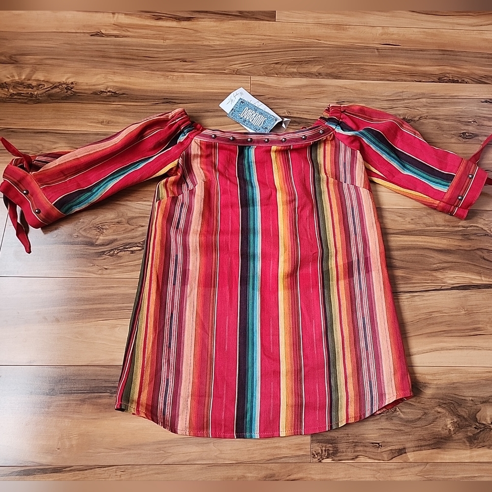 Silverado Western Rese Serape Shirt Red Multicolored Striped Off Shoulder Size S